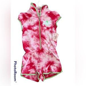 🆕 JUICY COUTURE girl's NWT sz M (10/12) pink tie-dye hooded shorts jumpsuit.